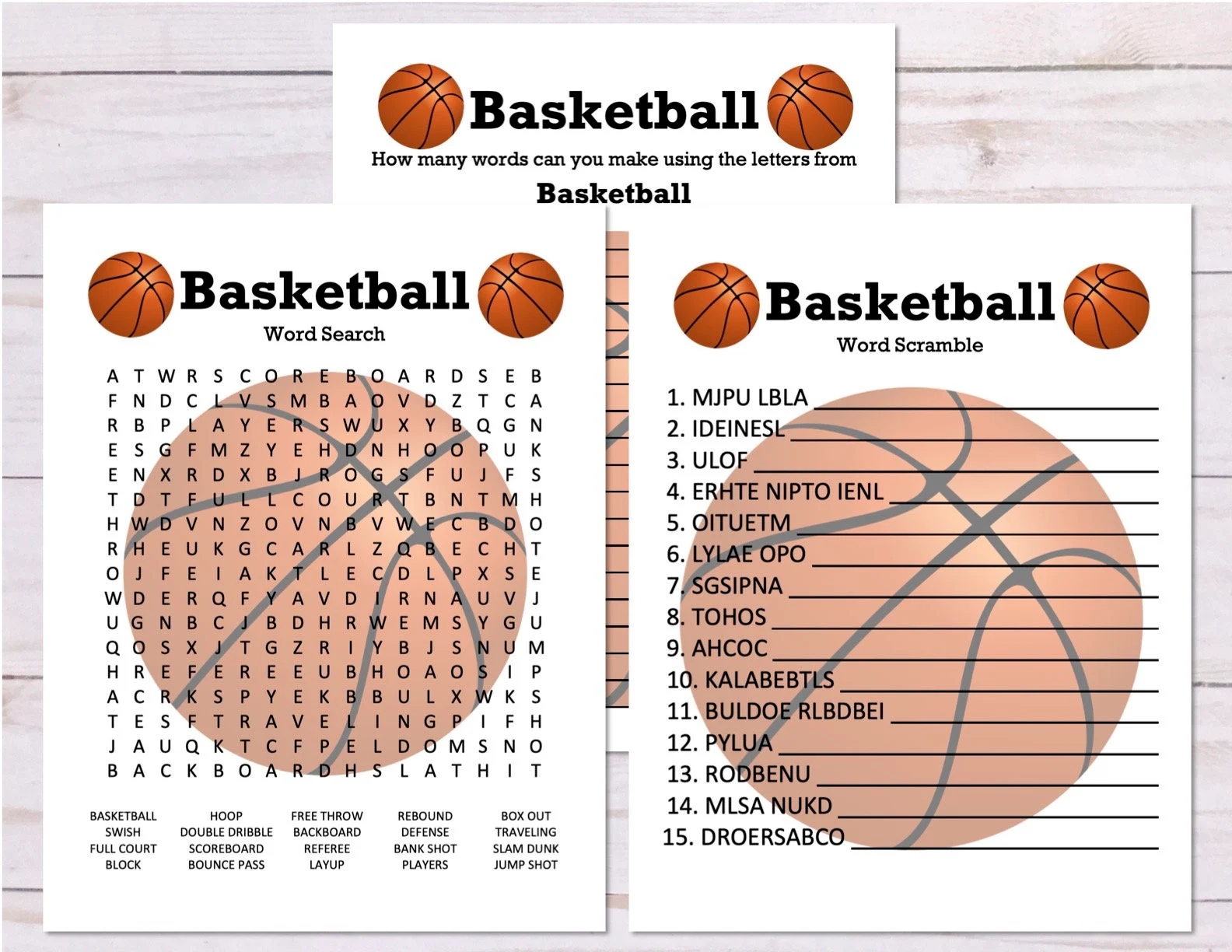 Set Of 3 Basketball Games Word Search Word Scramble Anagram Basketball Party Game Printables Basketball Printables Etsy