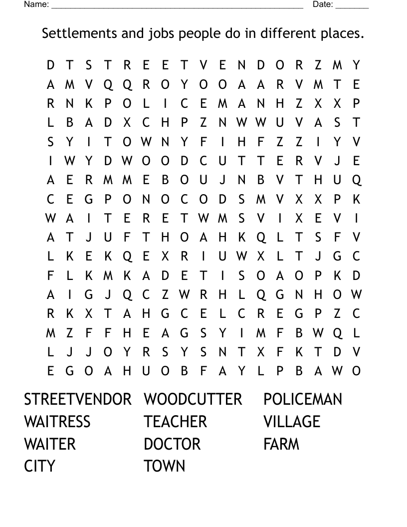 Settlements And Jobs People Do In Different Places Word Search WordMint
