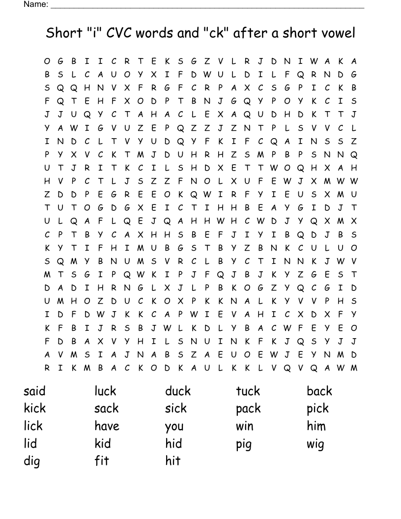 Short i CVC Words And ck After A Short Vowel Word Search WordMint