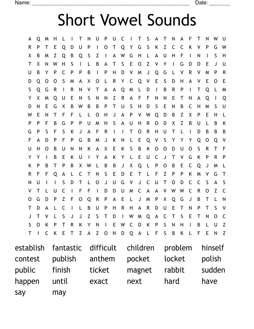 Short Vowel Sounds Word Search WordMint
