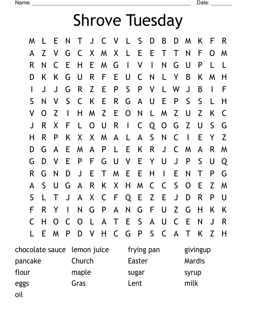 Shrove Tuesday Word Search WordMint