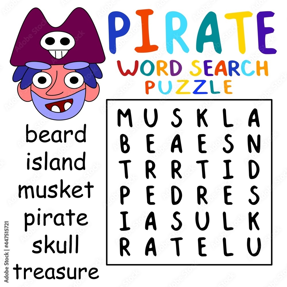 Simple Pirate Word Search Puzzle For Children Vector Illustration Funny Word Game In English With Cartoon Pirate Colorful Printable Worksheet Stock Vector Adobe Stock