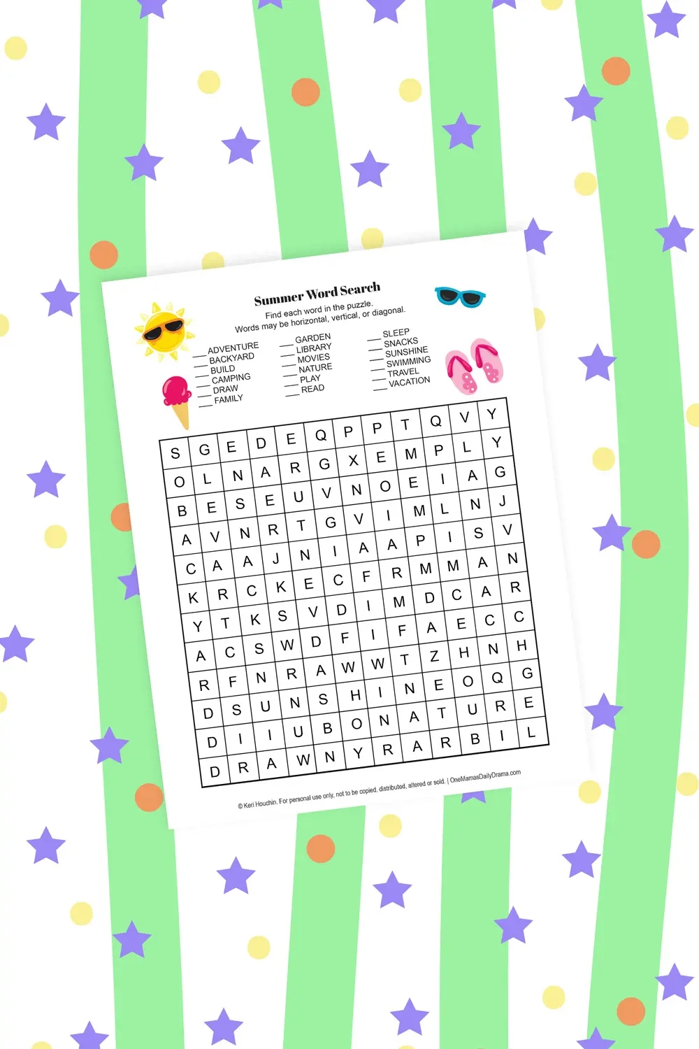 Simple Printable Summer Word Search Puzzle For Kids