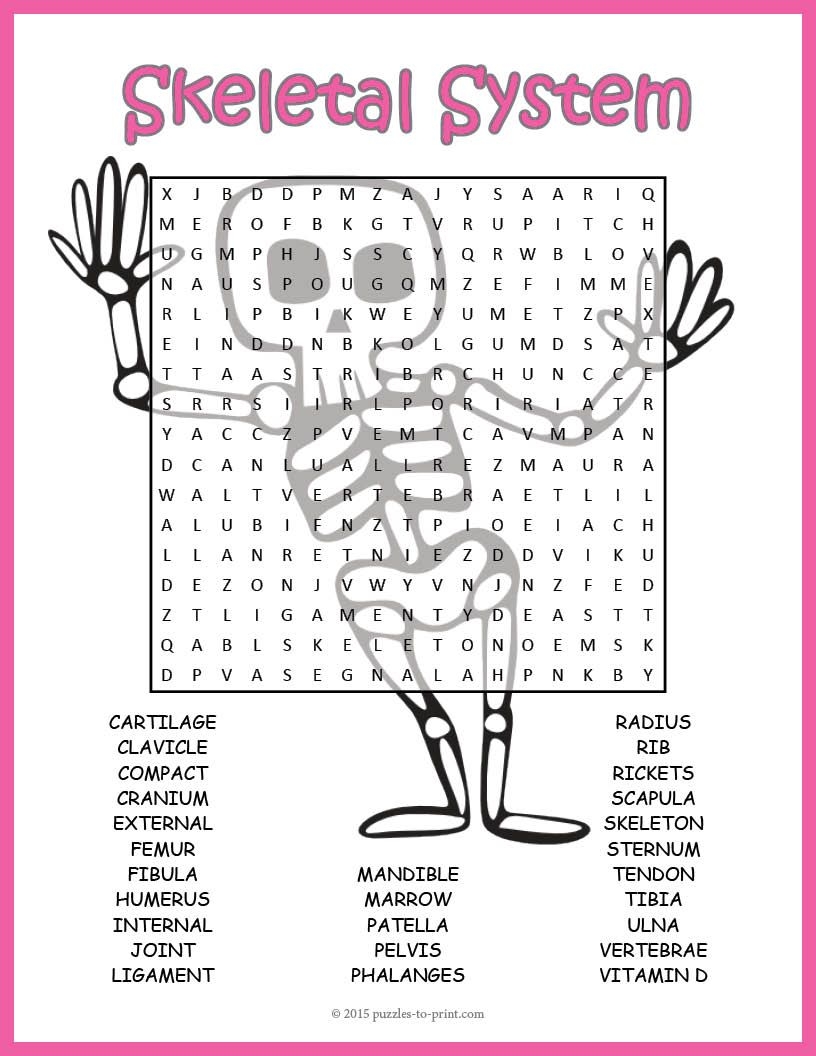 SKELETON BONES Word Search Puzzle Worksheet Human Anatomy Activity