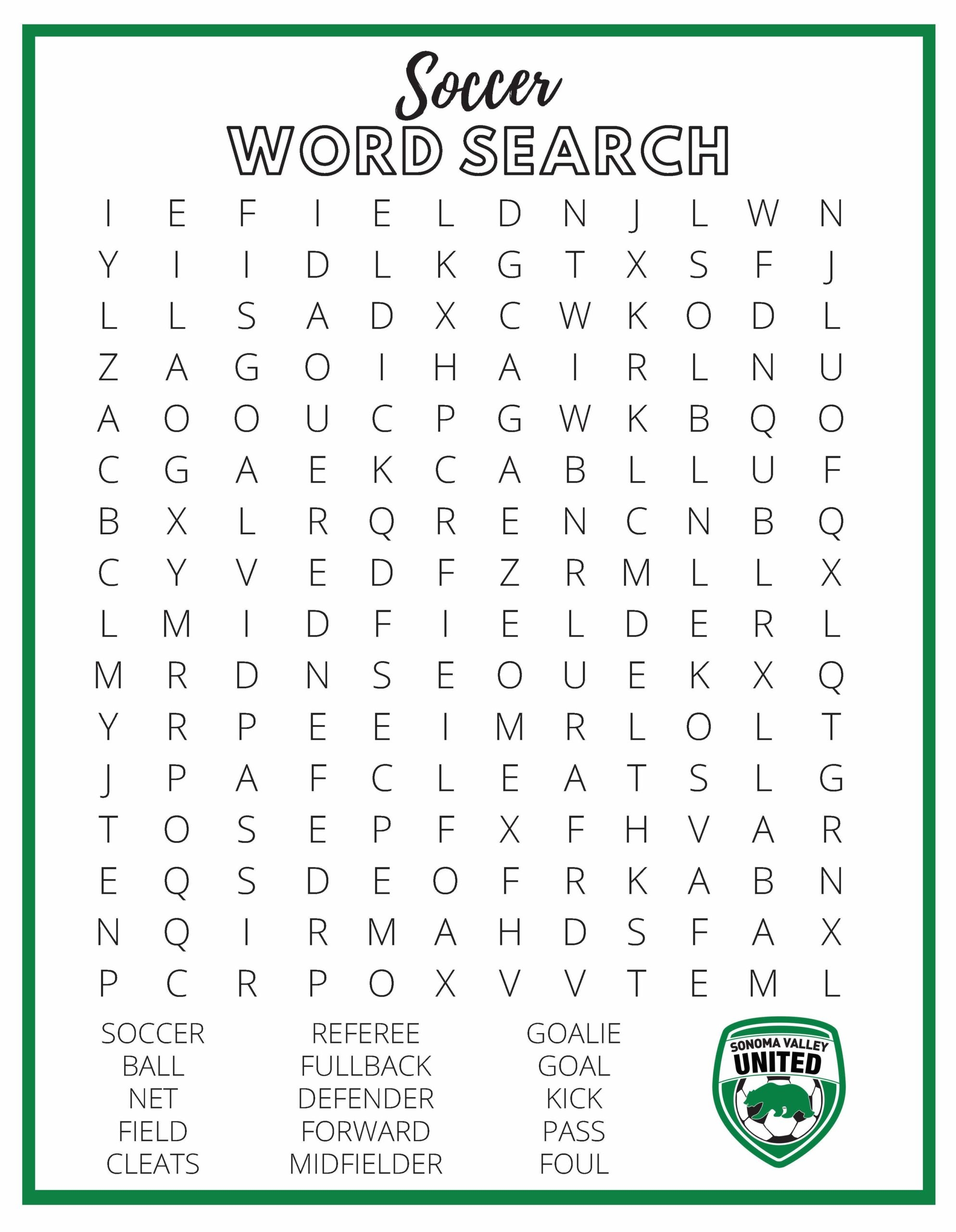 Soccer Word Search Sonoma Valley Youth Soccer Association