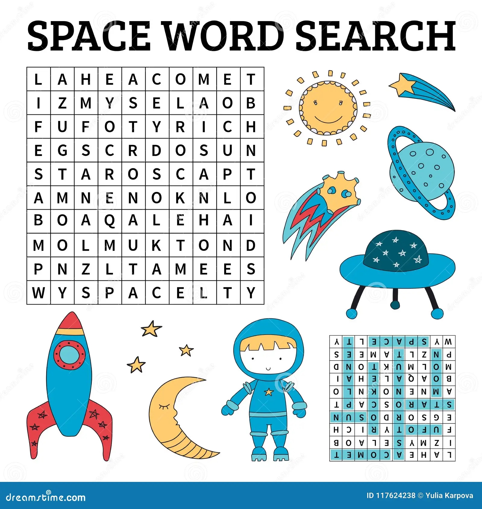 Space Word Search Game For Kids Stock Vector Illustration Of Space Worksheet 117624238