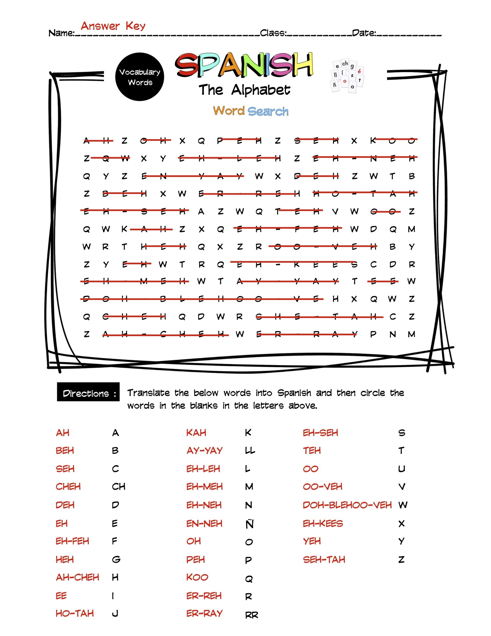 Spanish Alphabet Vocabulary Word Search Worksheet Answer Key Made By Teachers