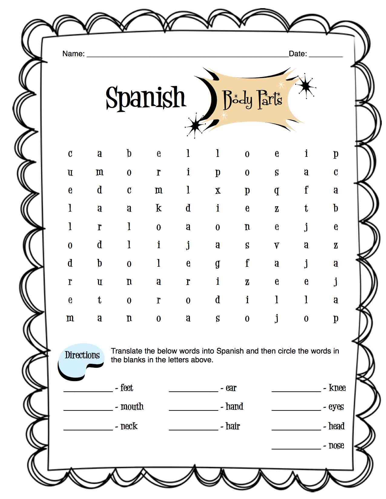 Spanish Body Parts Worksheet Packet Made By Teachers