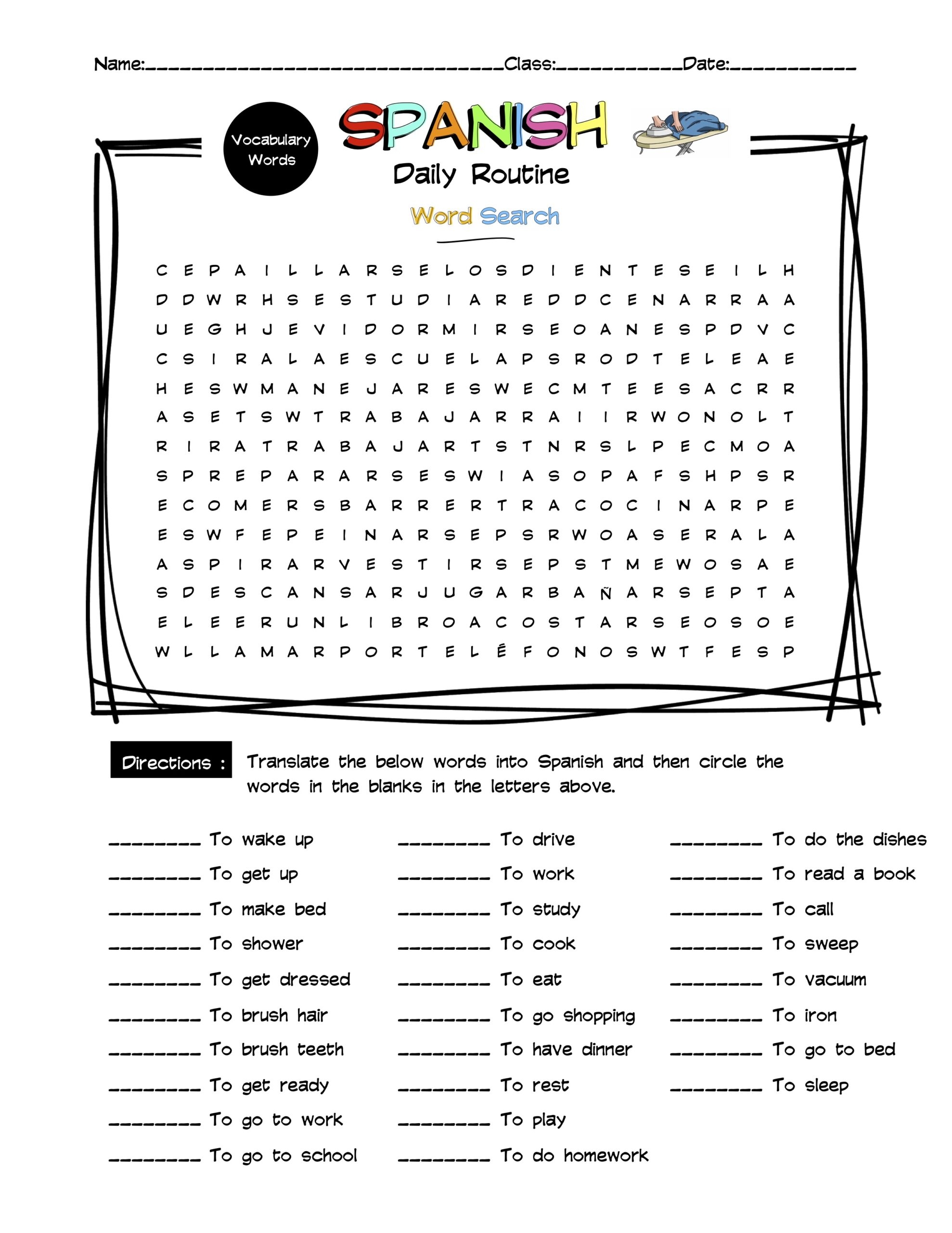 Spanish Daily Routines Vocabulary Word Search Answer Key Made By Teachers