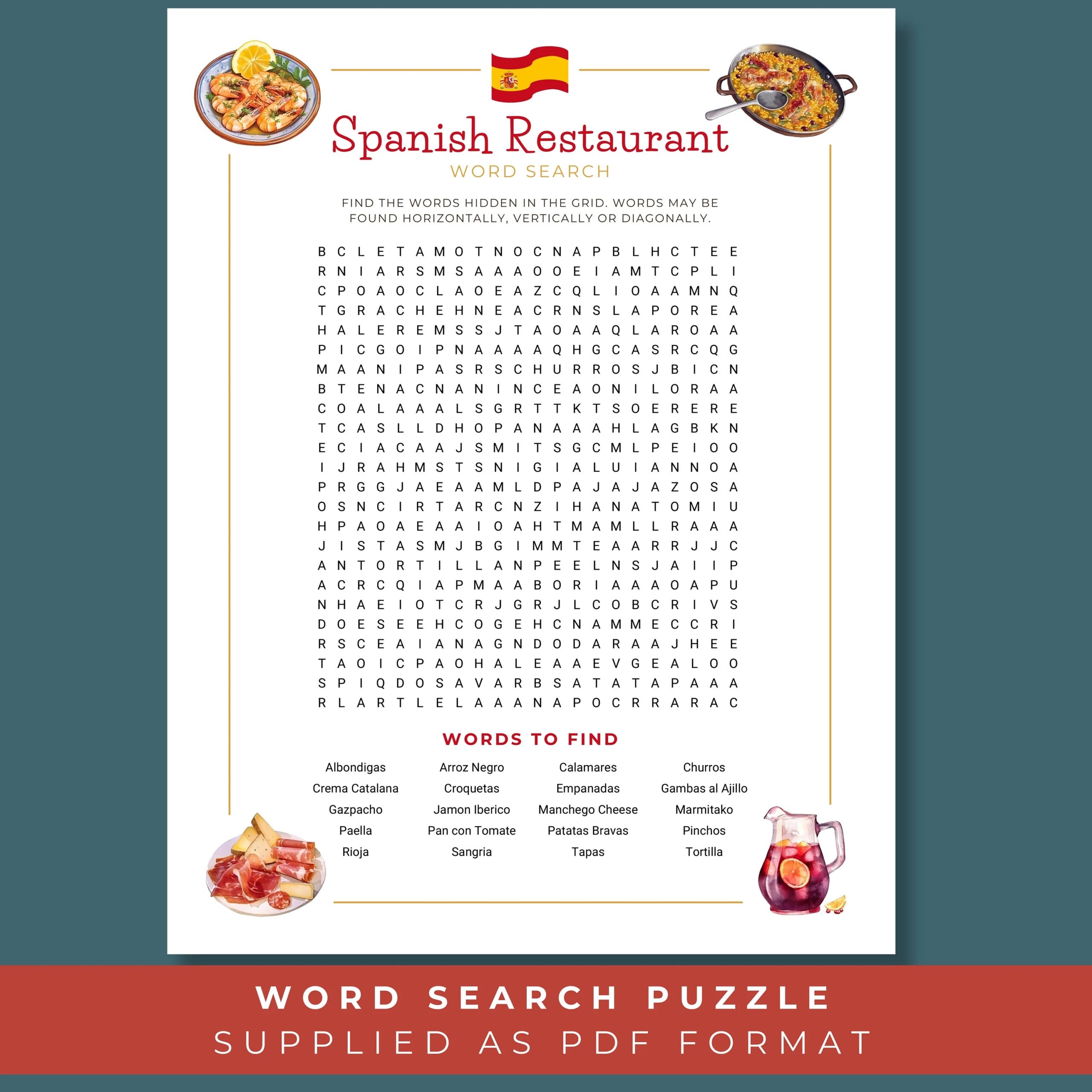 Spanish Food Word Search Tapas Night Games Printable Puzzle Game Spanish Theme Party Cookery Class Classroom Activity Spain Holidays Etsy