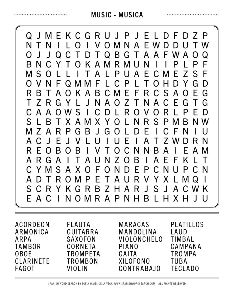  Spanish Music Word Search Spot The Musical Instruments In Spanish