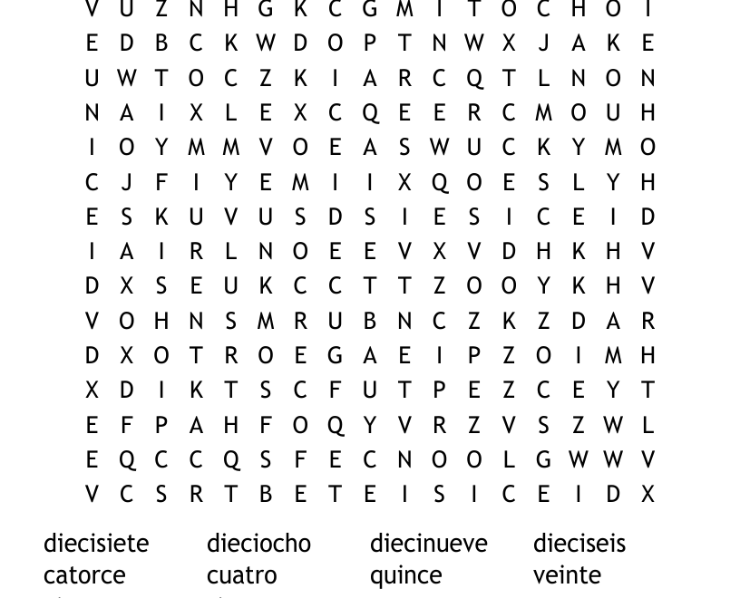 Spanish Numbers 1 20 Word Search WordMint