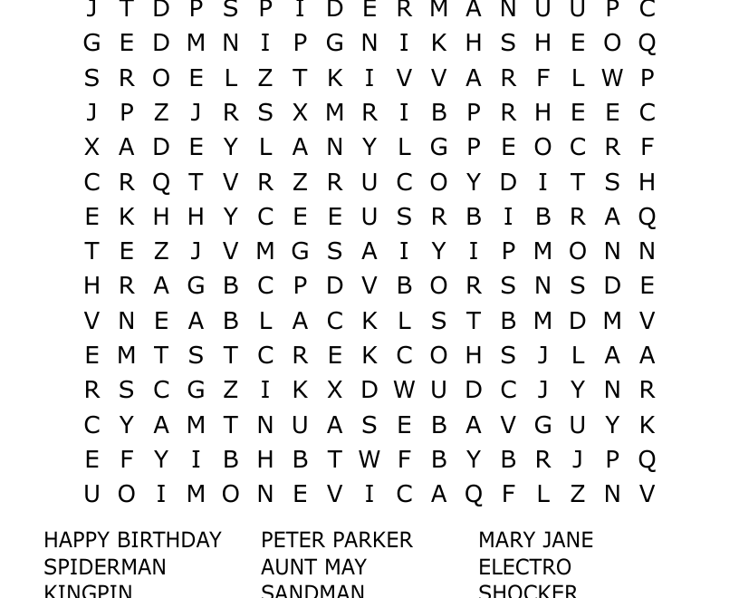 Spiderman Word Search WordMint