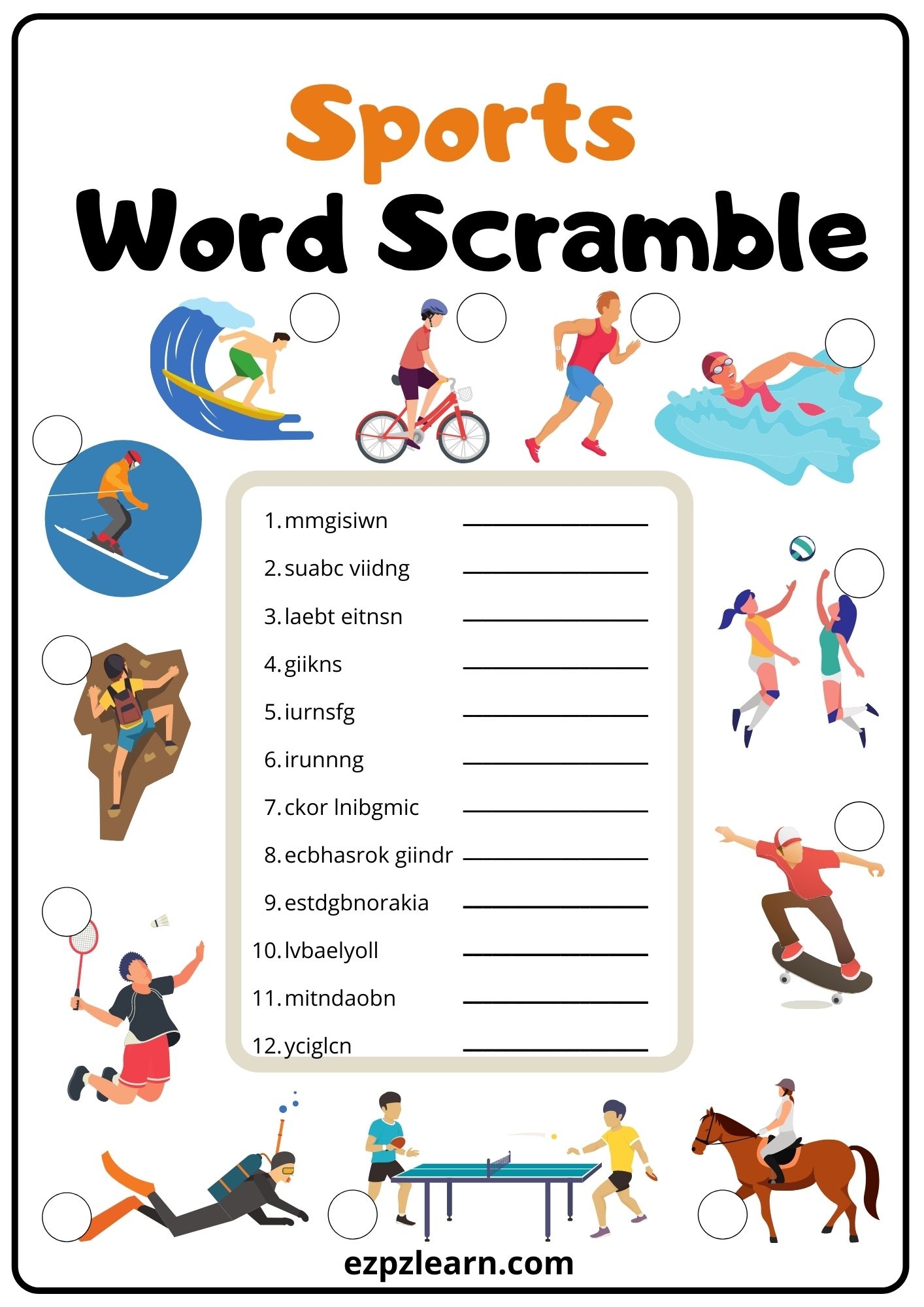 Sports 1 Word Scramble 2 Ezpzlearn