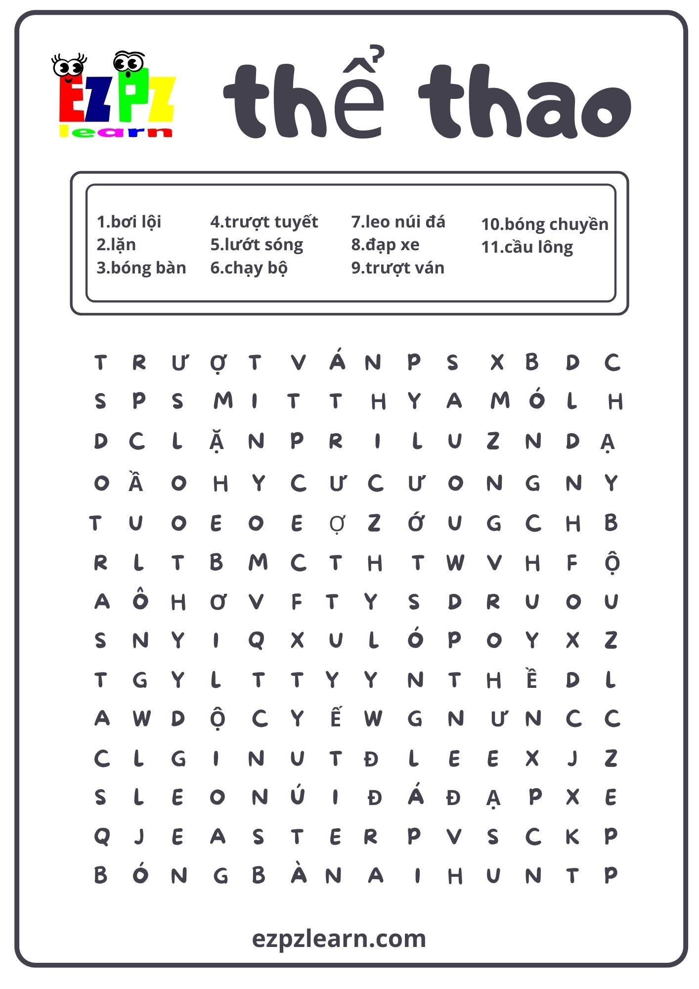 Sports Word Search Ezpzlearn