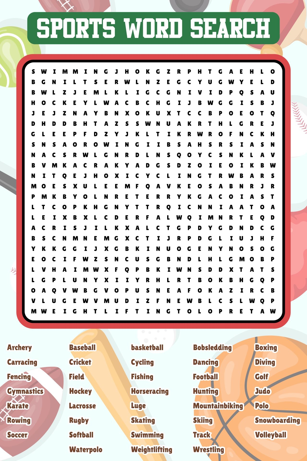 Sports Word Search Large 12 Free PDF Printables Printablee