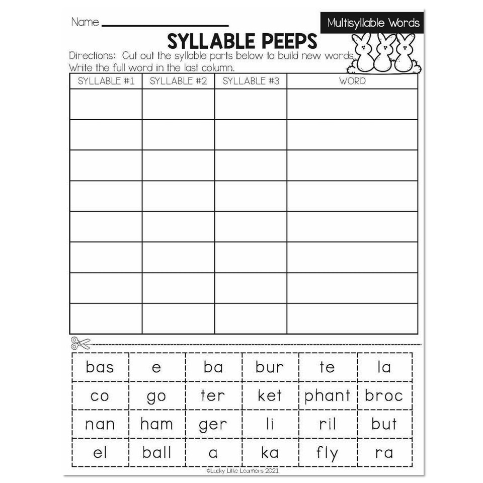 Spring Early Finishers 2nd Grade ELA Multisyllabic Words Syllable Peeps Lucky Little Learners