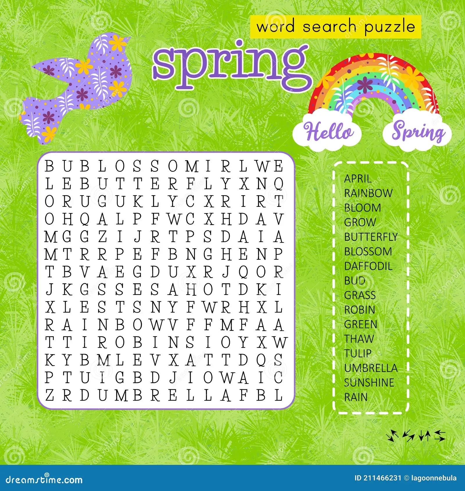 Spring Word Search Puzzle With Rainbow And Bird Logic Game For Learning English Words Stock Vector Illustration Of Flowers Icon 211466231
