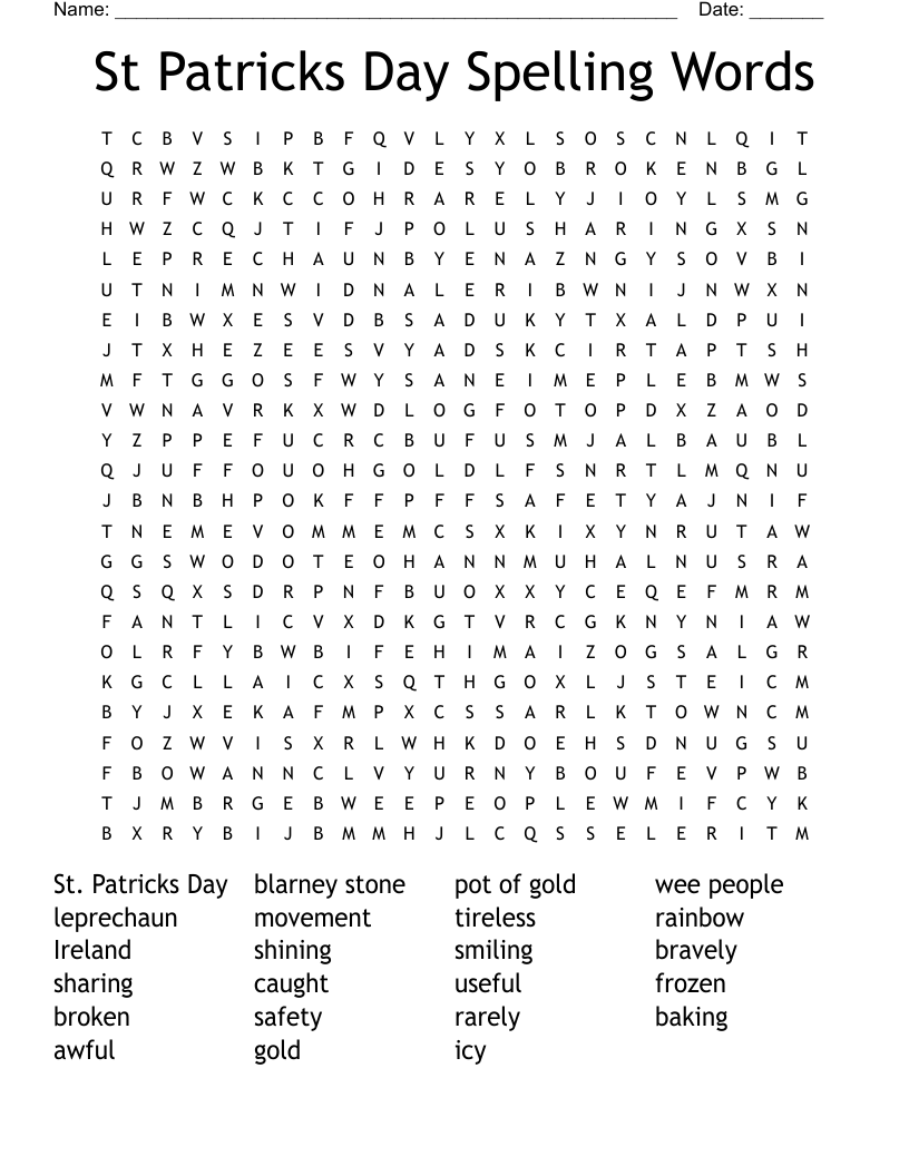 St Patricks Day Spelling Words Word Search WordMint