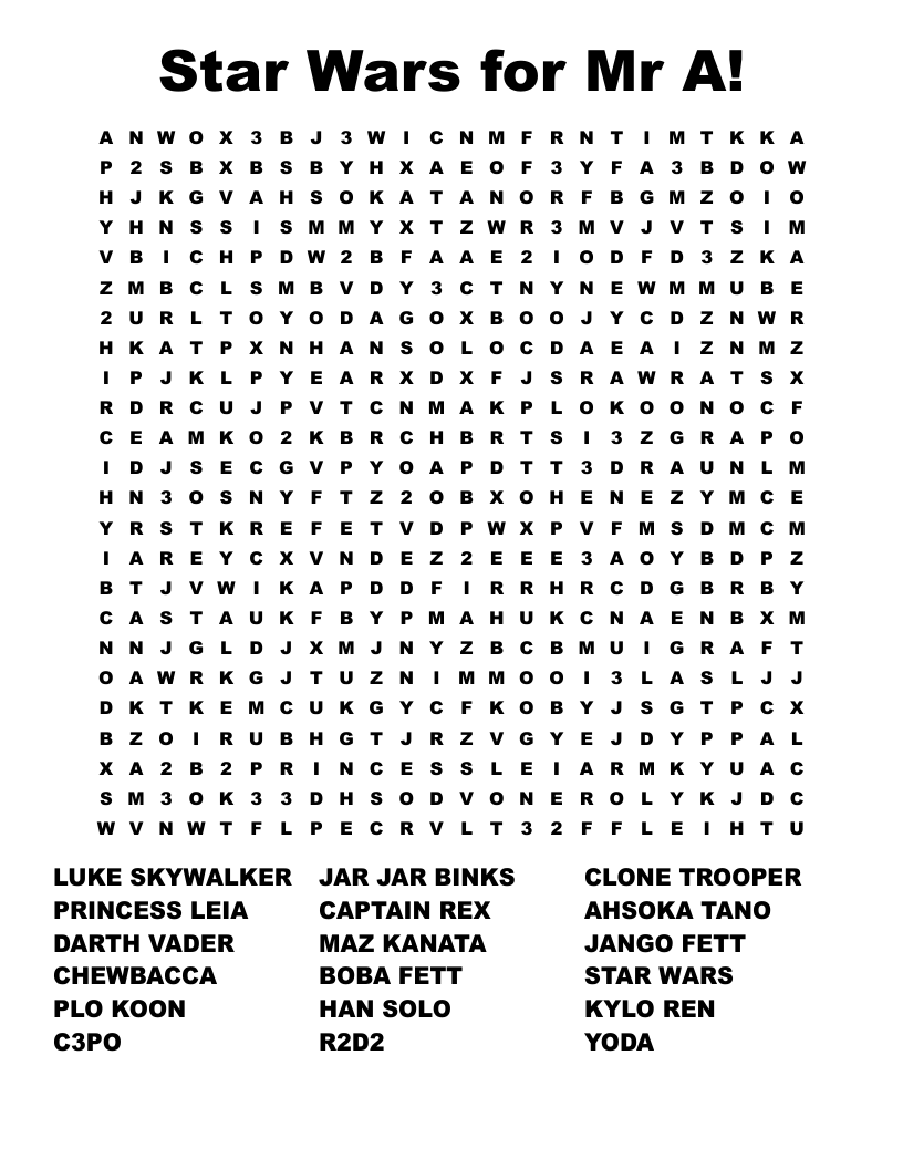 Star Wars For Mr A Word Search WordMint