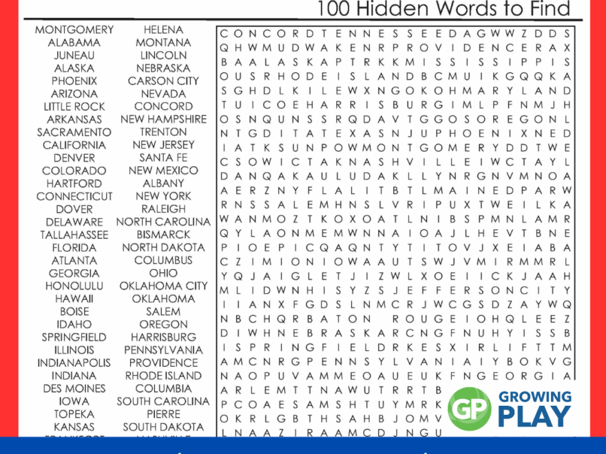 State Capitals Word Search FREE Printable Growing Play
