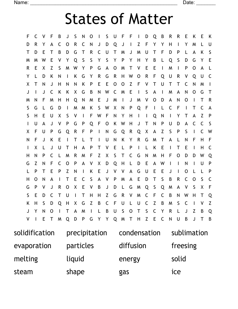 States Of Matter Word Search WordMint