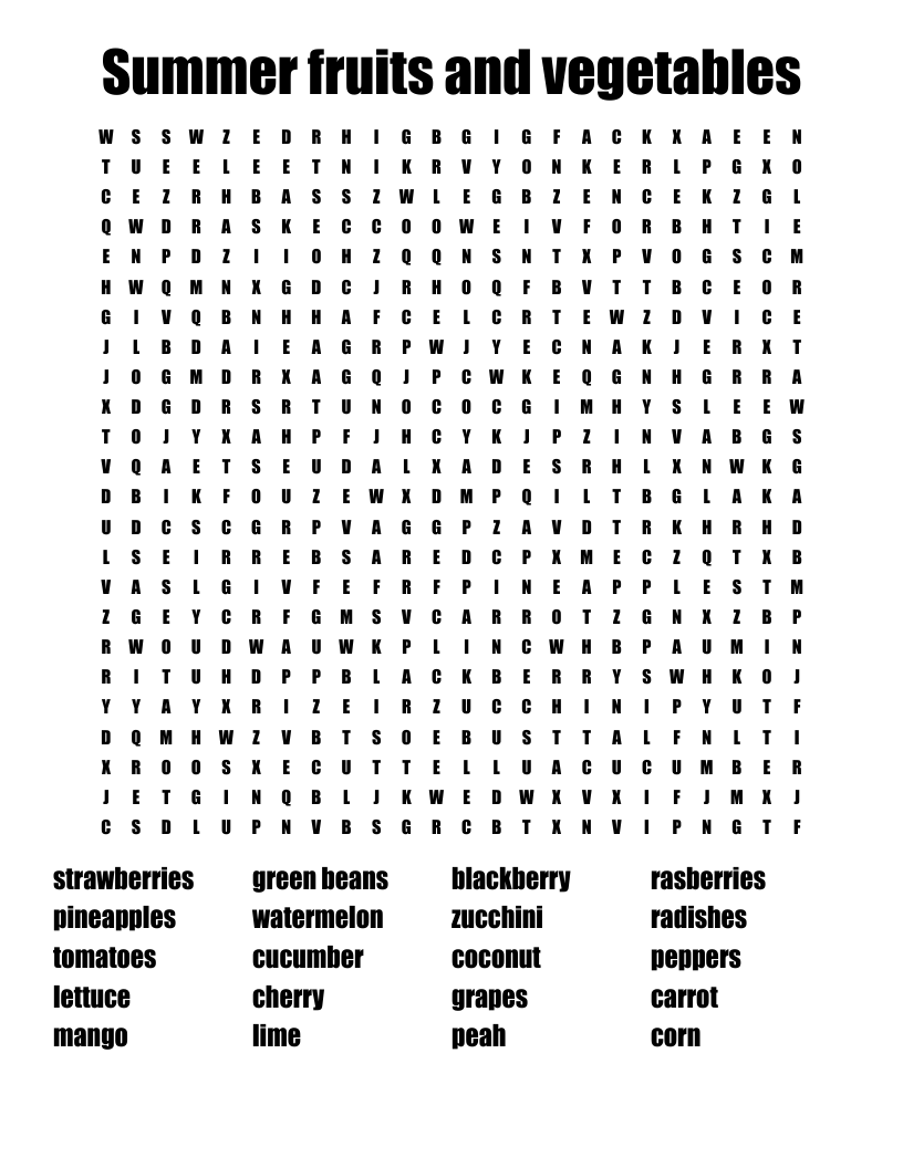 Summer Fruits And Vegetables Word Search WordMint