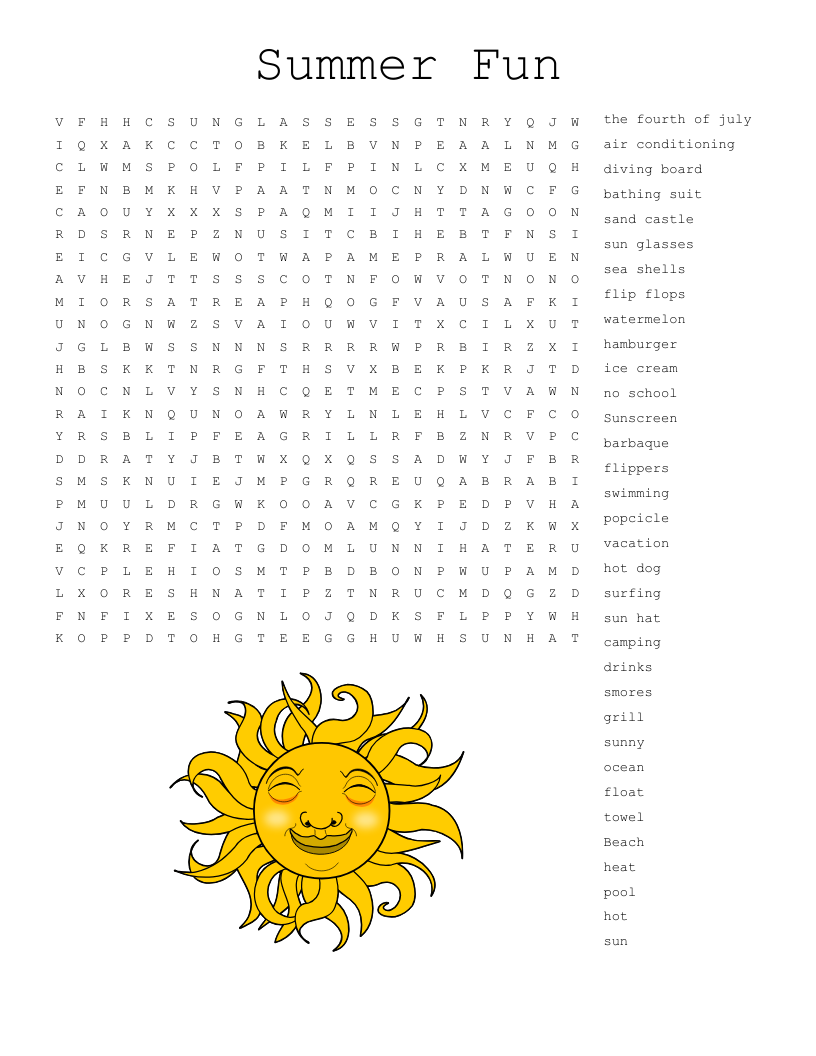 Free Printable Summer Word Search