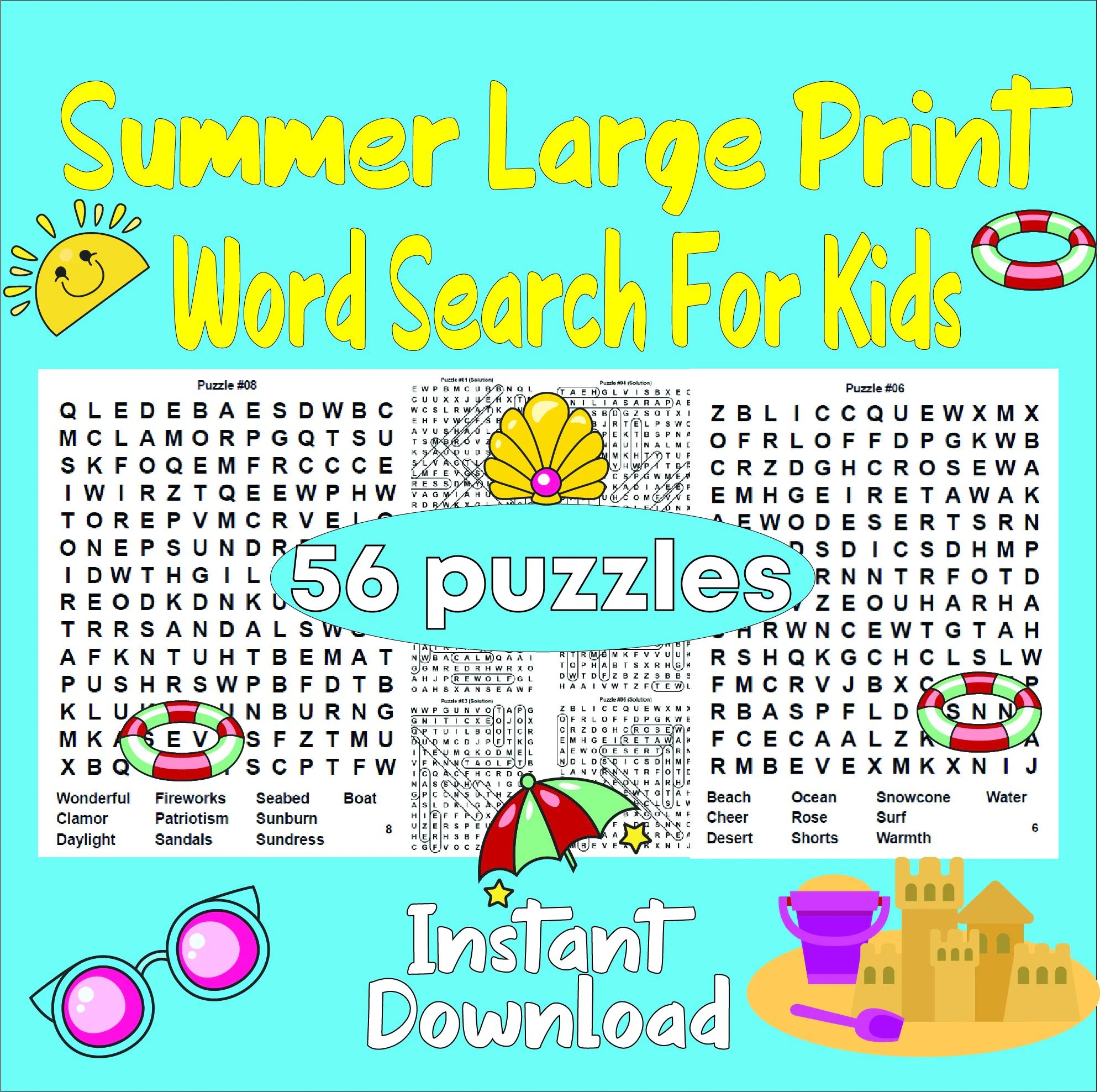 Summer Large Print Word Search For Kids Seasonal Puzzles Word Search Printable With Solutions summer Vacation Puzzles For Kids Etsy Israel