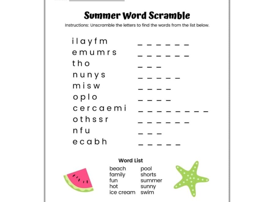 Summer Word Scramble FREE Printable With Answer Key