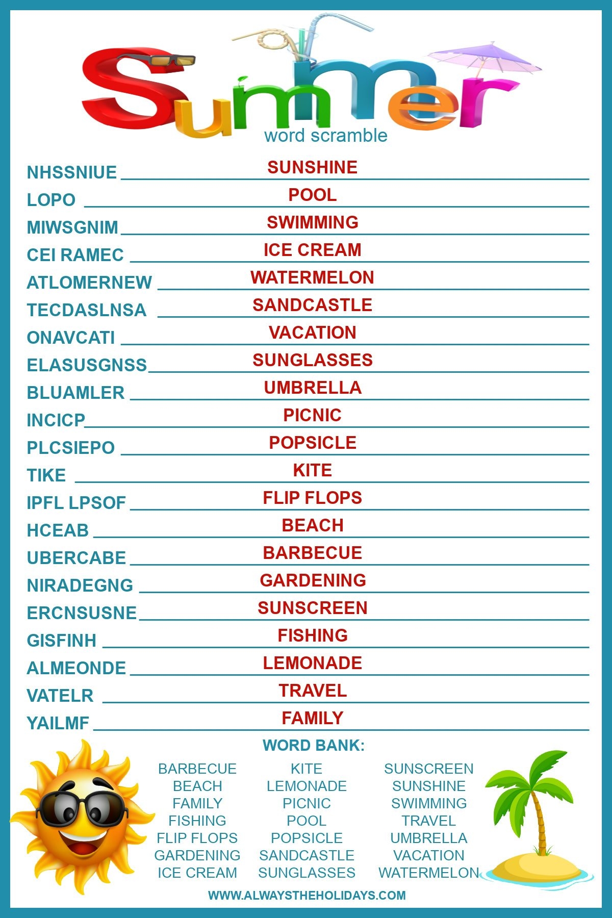 Free Printable Words Search Summer
