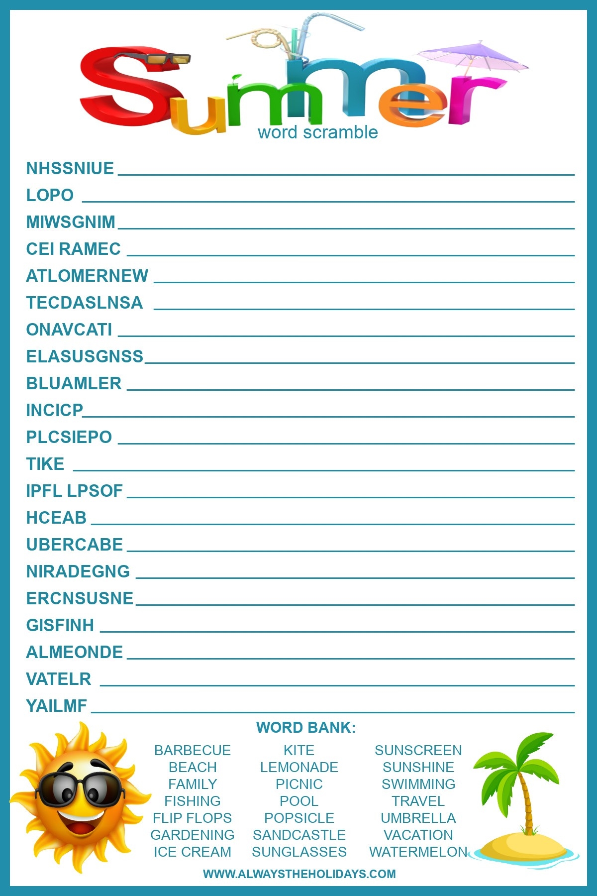 Summer Word Scramble With Answers Free Summer Printable For Kids Worksheets Library