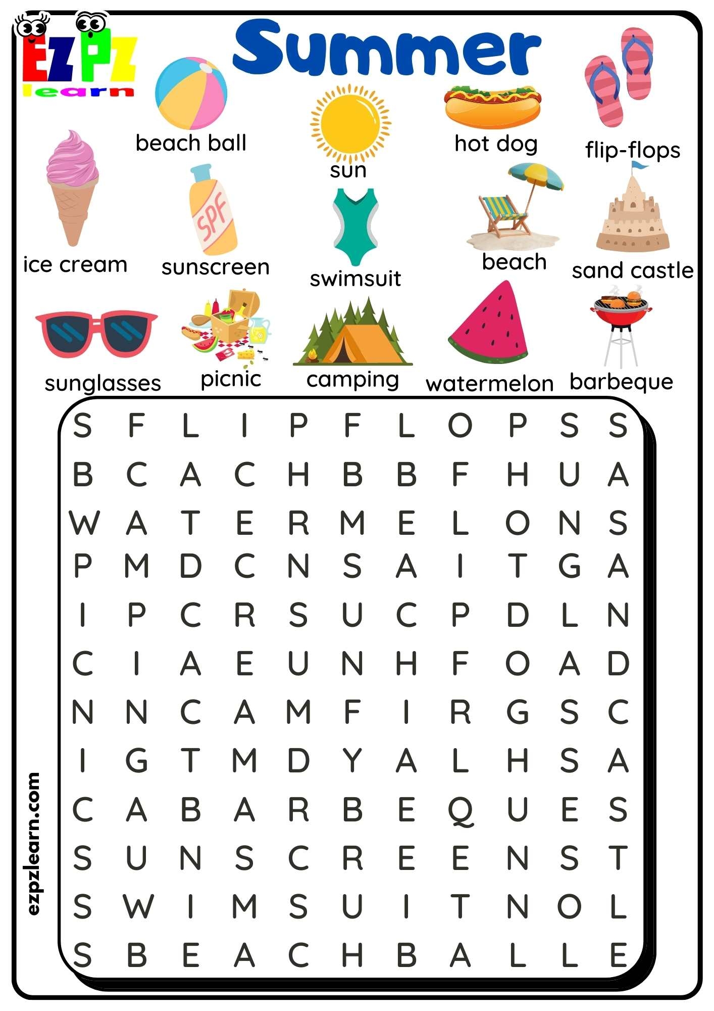 Easy Summer Word Search Free Printable