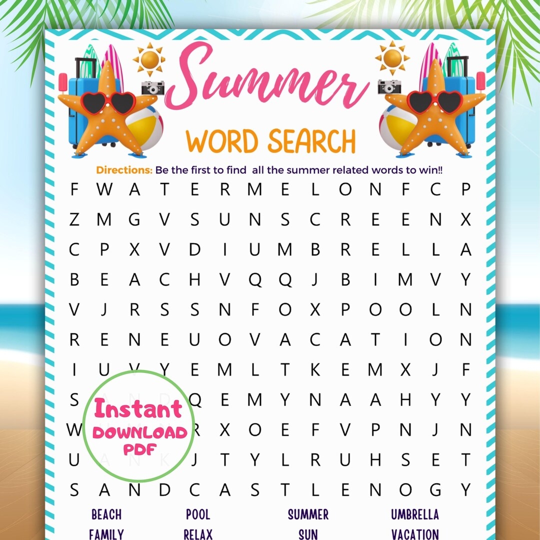 Summer Word Search Party Games Summer Activities For Kids And Adults Summer Fun Games Printable Summer Game Day Summertime Word Search Etsy