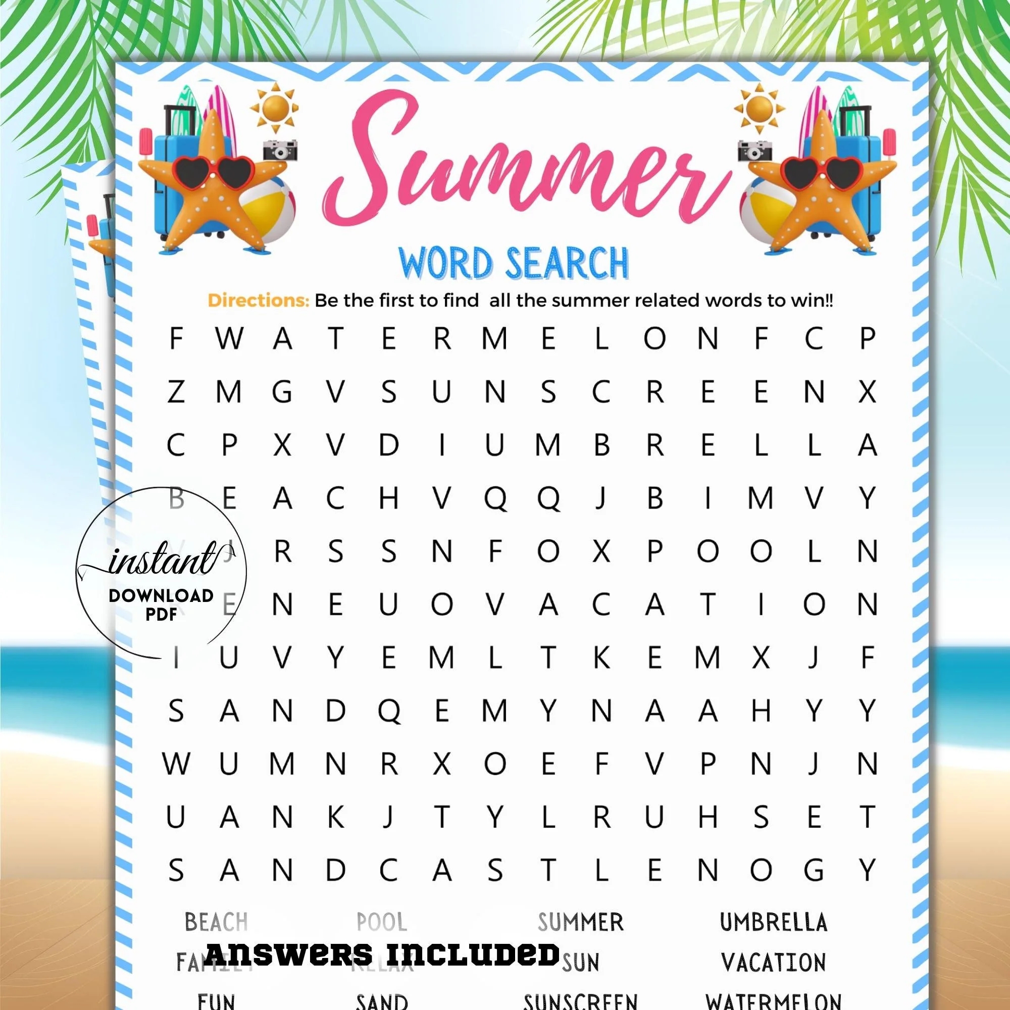 Summer Word Search Party Games Summer Activities For Kids And Adults Summer Fun Games Printable Summer Game Day Summertime Word Search Etsy