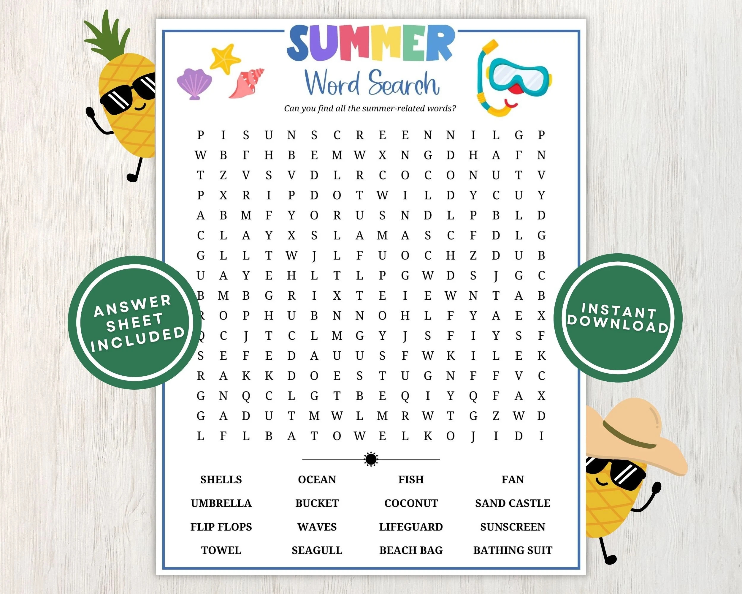 summer word search puzzle for kids and adults fun summertime printable word game with answers great for family picnics instant download etsy
