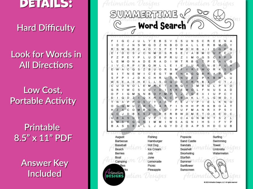 Summer Word Search Puzzle Hard Hidden Word Game Activity Word Find Classful