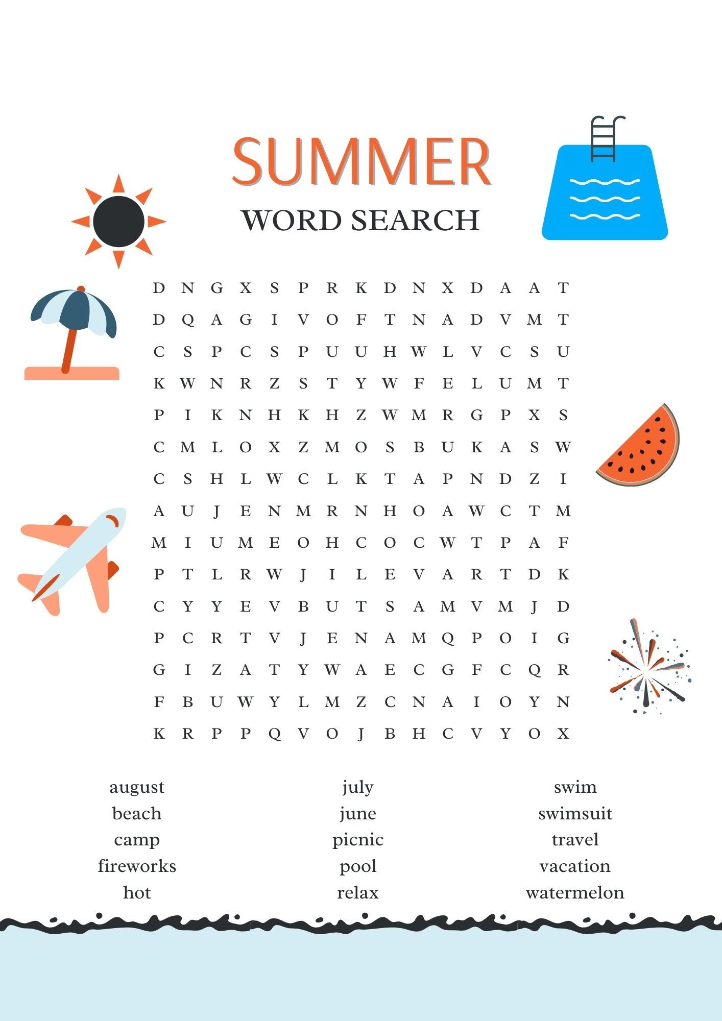 summer word search worksheet
