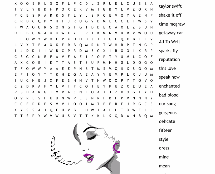 Taylor Swift Word Search WordMint