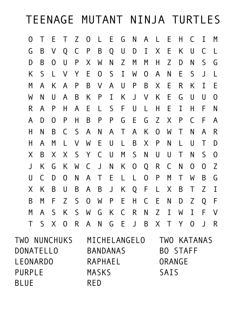 TEENAGE MUTANT NINJA TURTLES Word Search WordMint