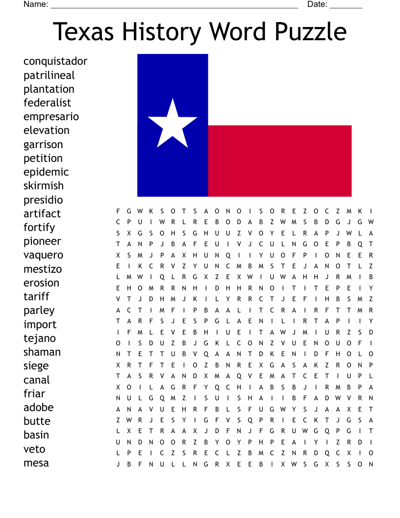 Texas History Word Puzzle Word Search WordMint