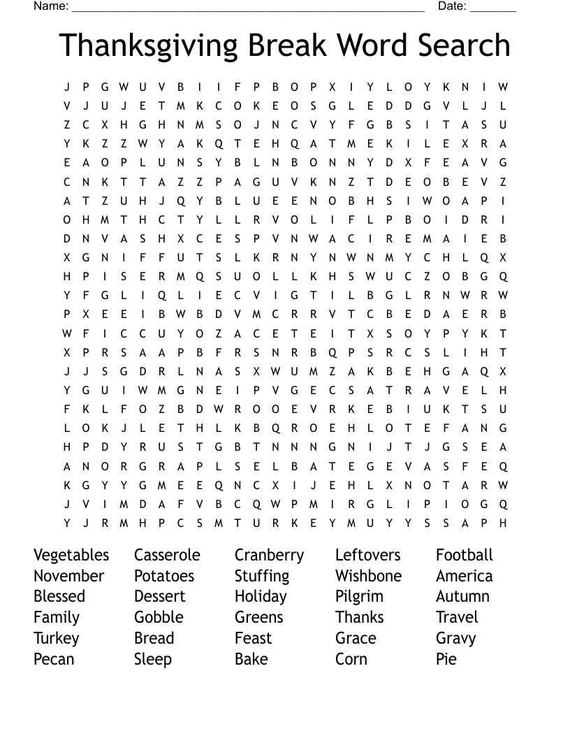 Thanksgiving Break Word Search WordMint