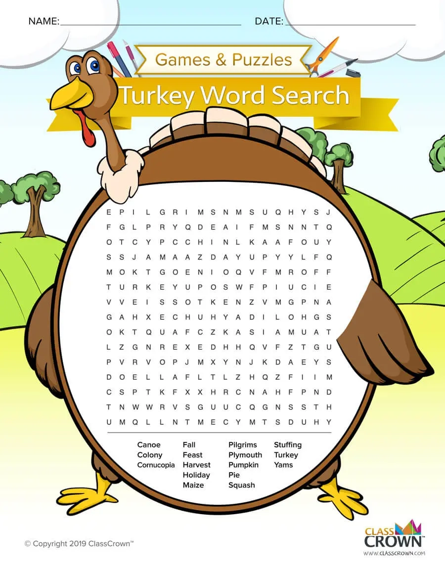 Thanksgiving Turkey Word Search Puzzles ClassCrown