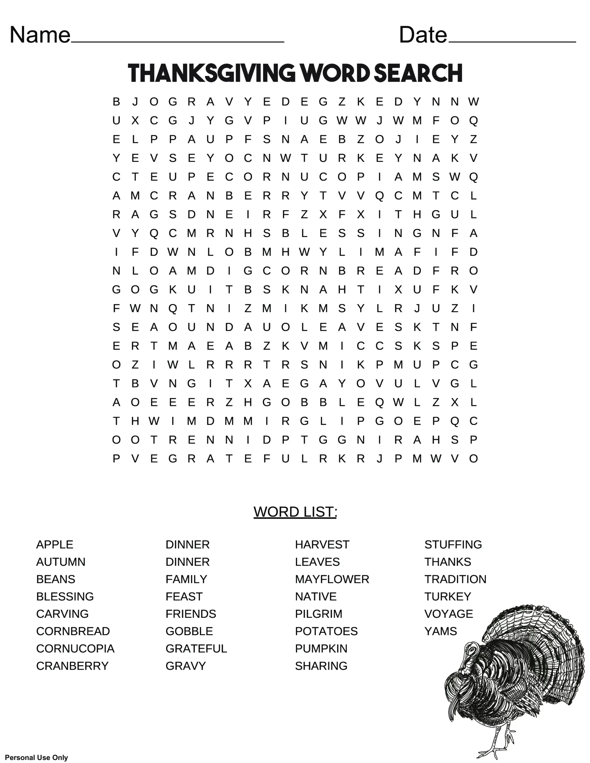 Thanksgiving Word Search Free Printable PDF