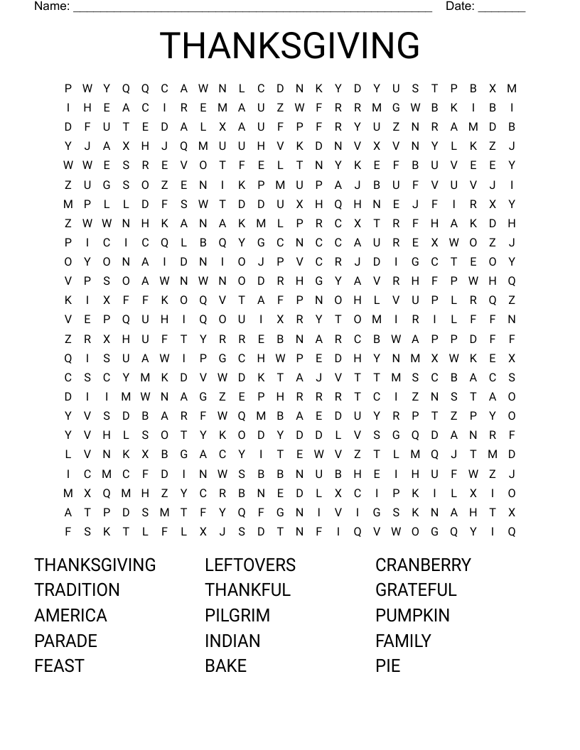 THANKSGIVING Word Search WordMint