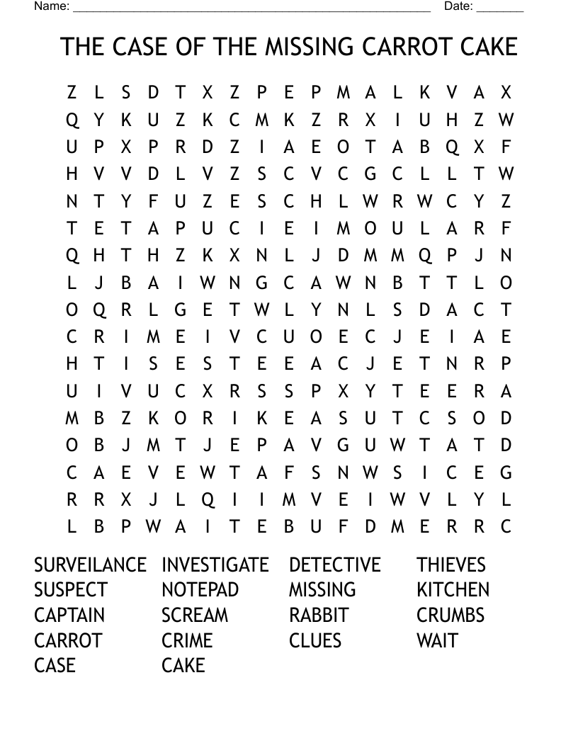 THE CASE OF THE MISSING CARROT CAKE Word Search WordMint