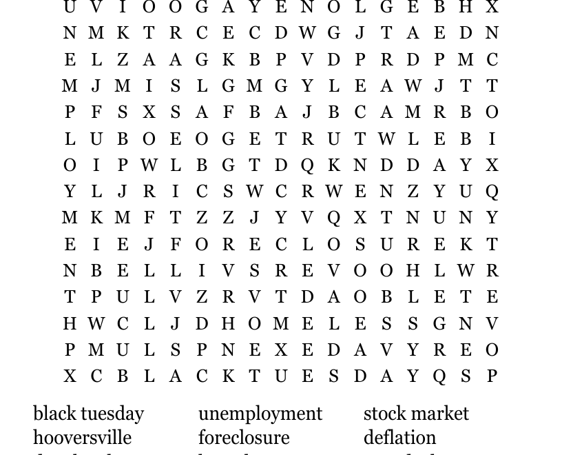 The Great Depression Word Search WordMint