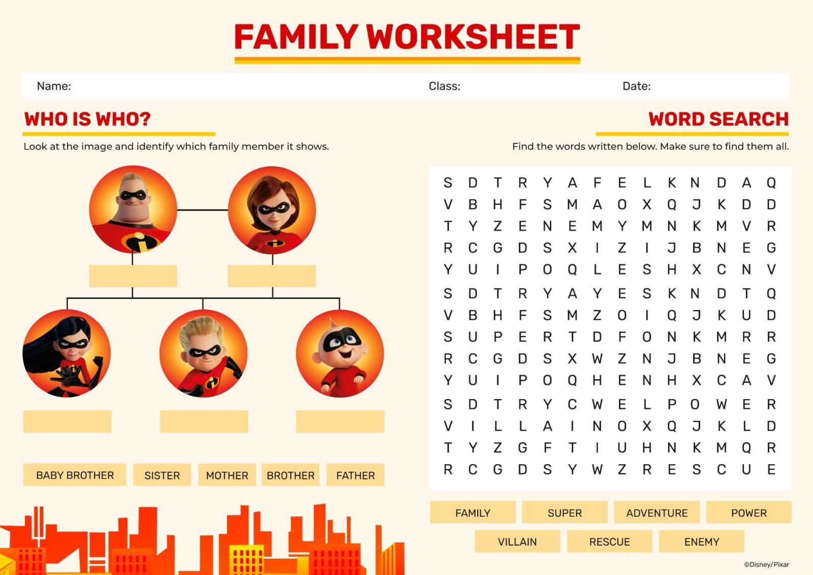 The Incredibles Family Worksheet Presentation