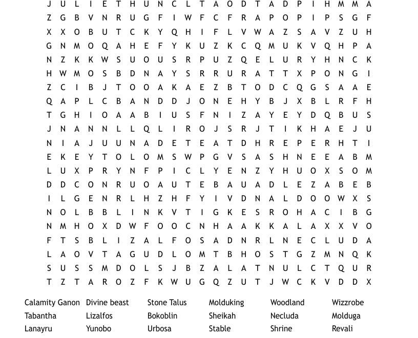 The Legend Of Zelda Breath Of The Wild Word Search WordMint