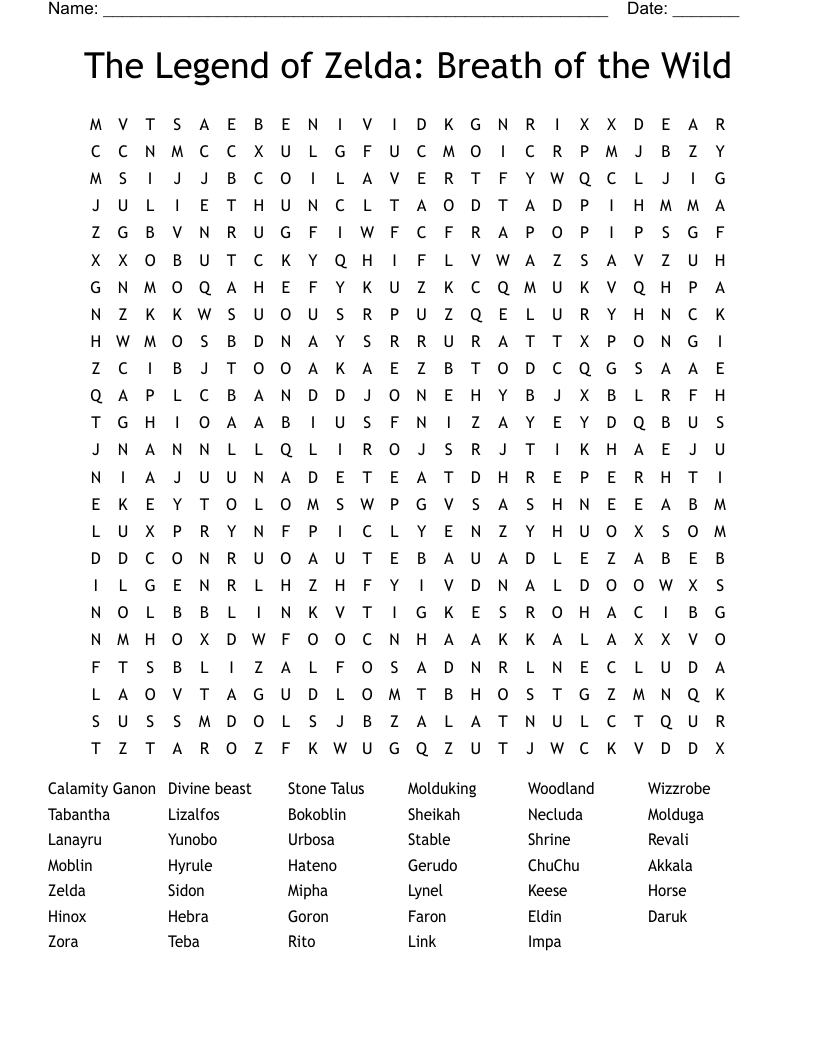 The Legend Of Zelda Breath Of The Wild Word Search WordMint The Legend Of Zelda Breath Of The Wild Word Search WordMint